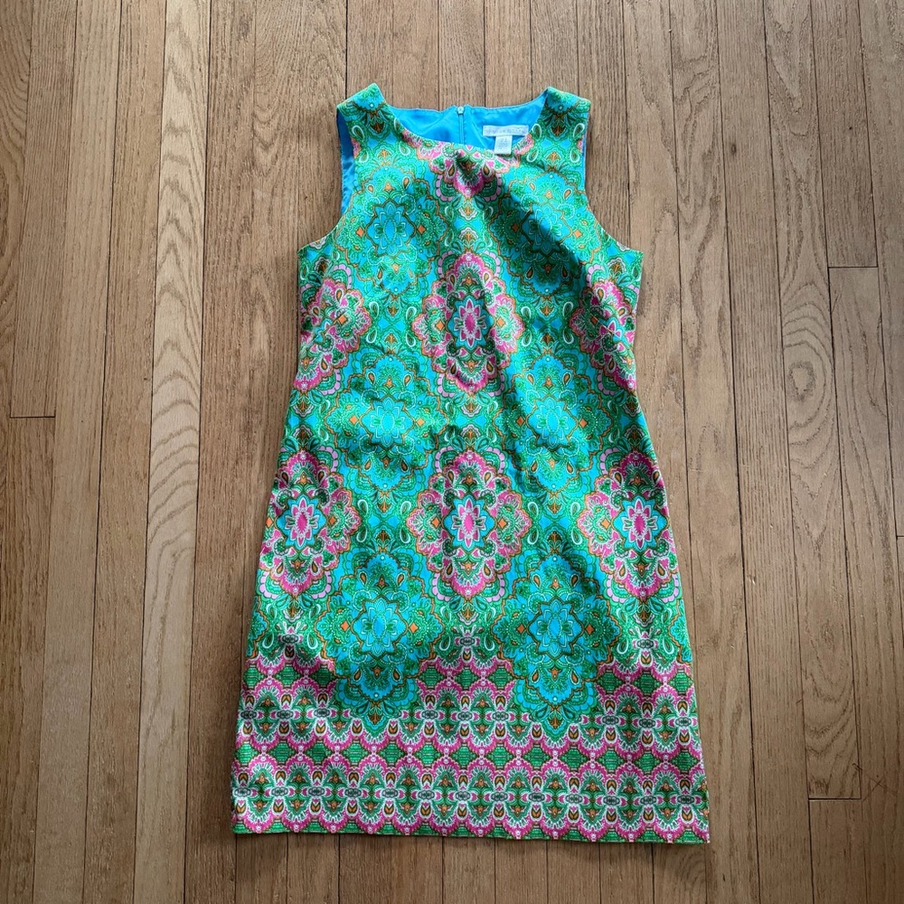 London Times Aqua Pink Multi Medallion Print Dress